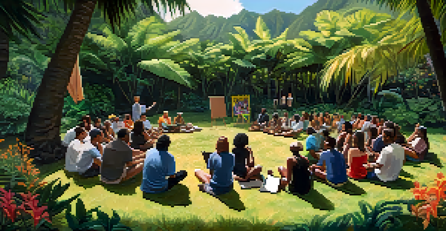 A group of activists sitting in a circle in a tropical setting, discussing civil rights issues in Hawaii.