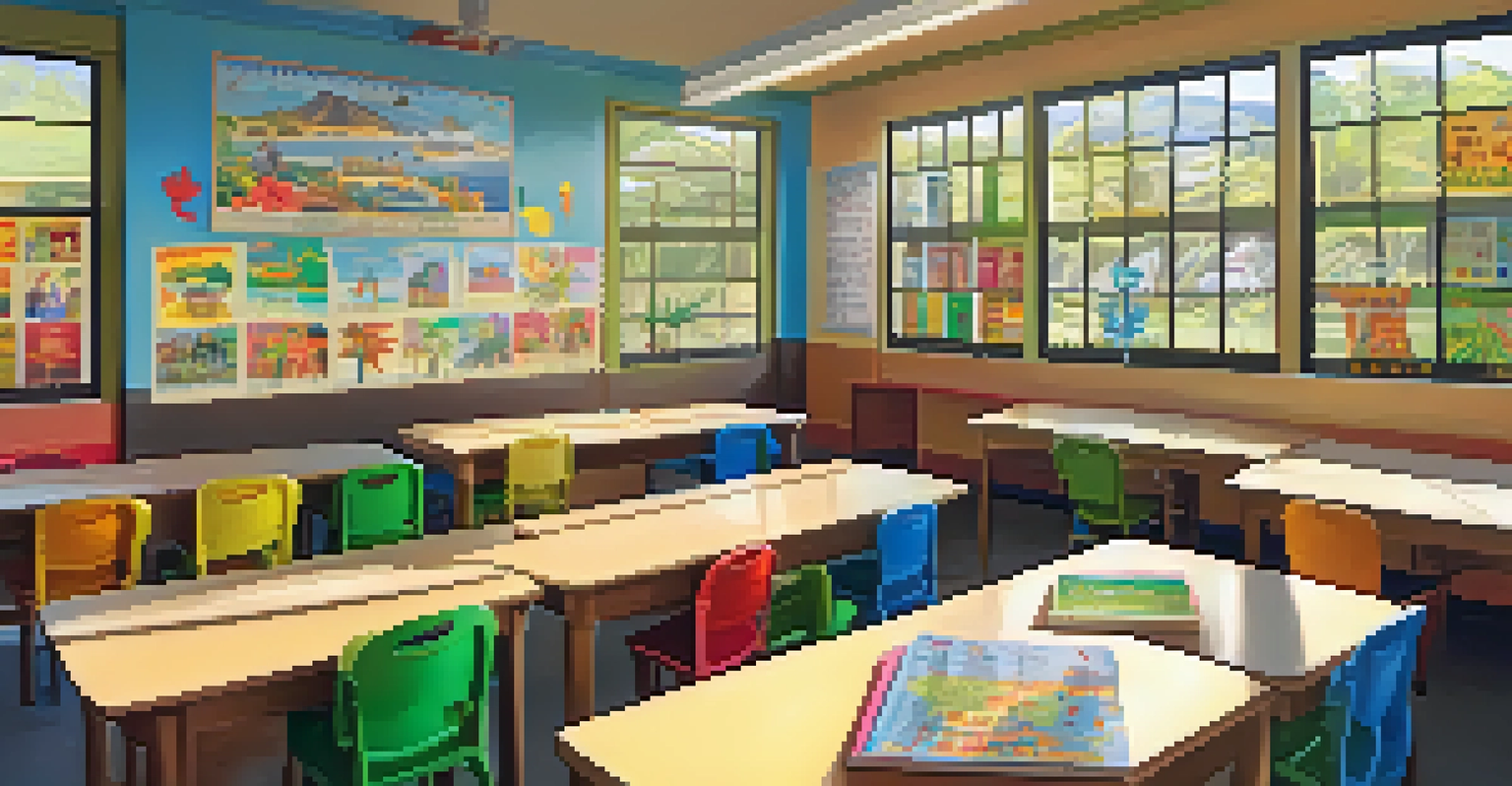 Children in a Hawaiian language immersion classroom learning with a teacher, surrounded by colorful educational posters.