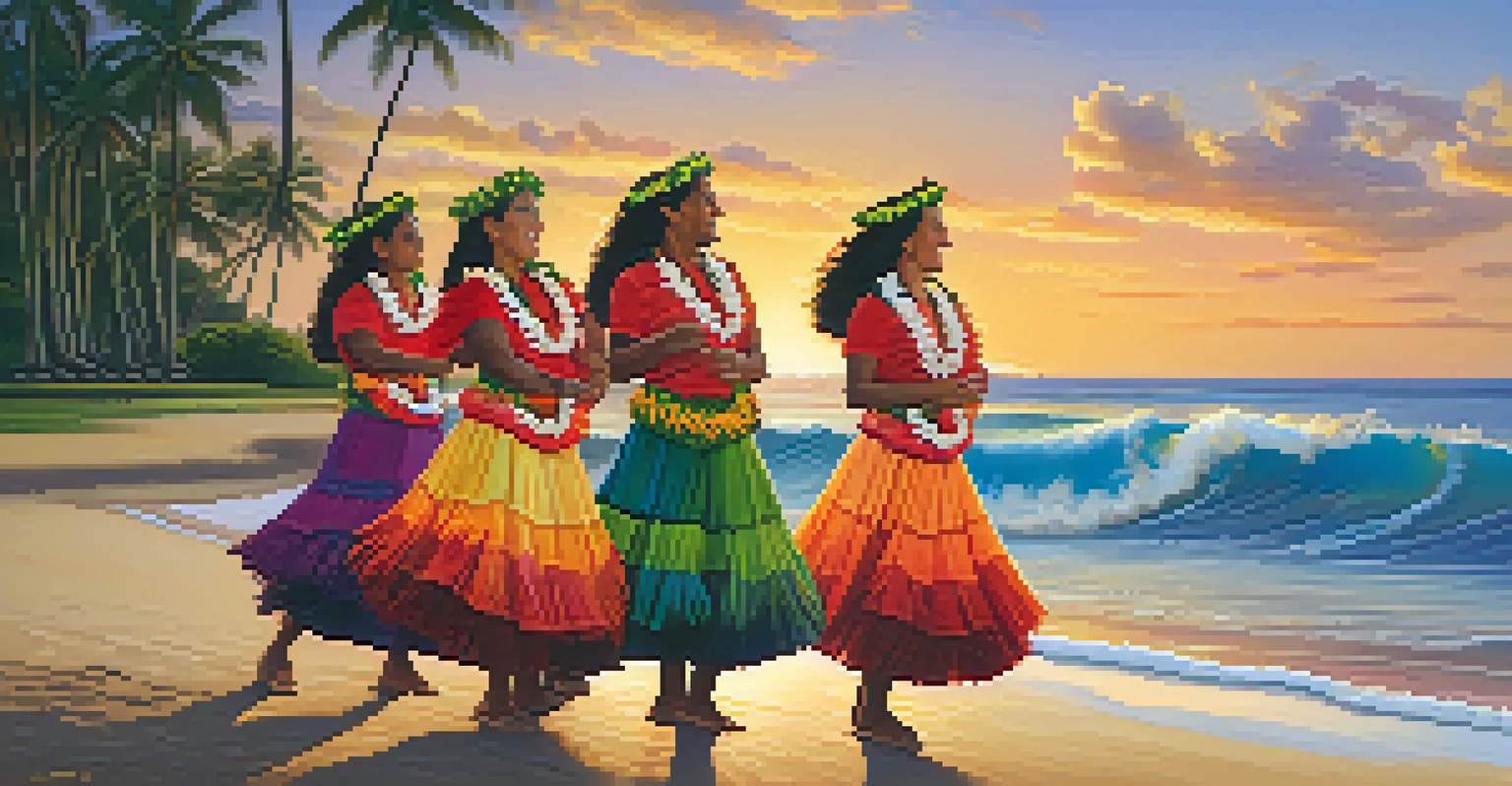 Hawaiians performing a traditional hula dance on the beach at sunset, surrounded by palm trees.