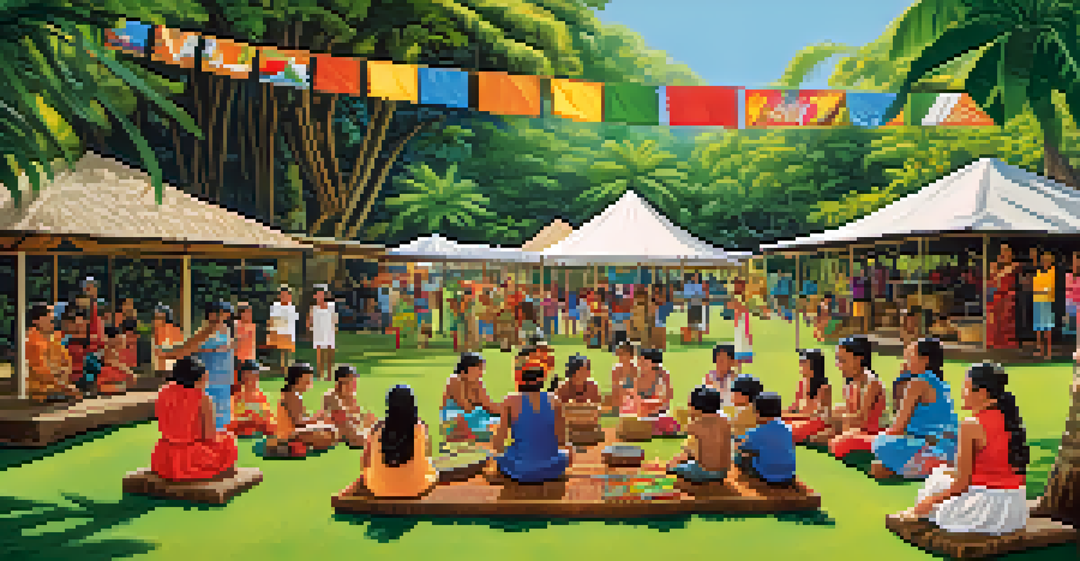 A community gathering in a park with families engaging in traditional Hawaiian crafts, demonstrating cultural transmission.