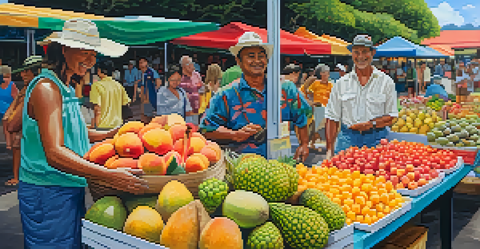 A close-up of a farmer's market stall in Hawaii filled with tropical fruits and local people interacting with vendors.