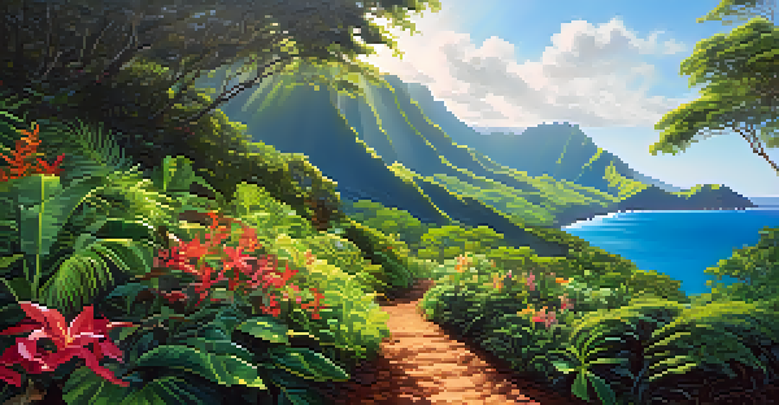 A scenic hiking trail in Hawaii surrounded by lush mountains and tropical flowers, with a view of the ocean in the distance.