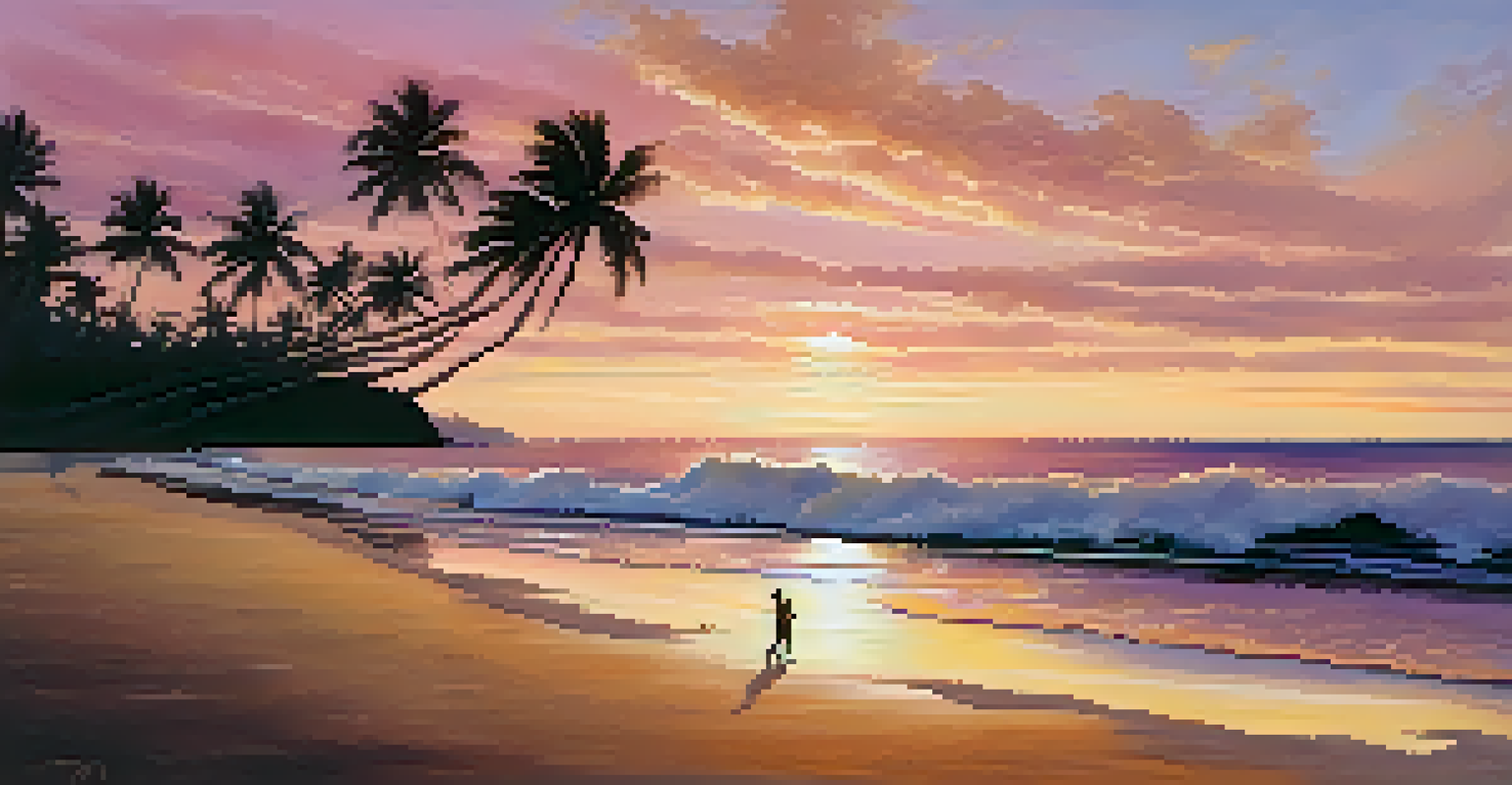 A picturesque Hawaiian beach at sunset with colorful skies and palm trees.