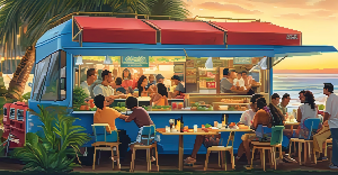 A lively Hawaiian food truck gathering at sunset with people enjoying diverse meals at communal tables surrounded by tropical decorations and greenery.