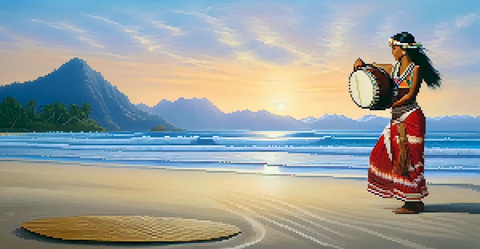 A peaceful beach at dawn with a hula dancer and a pahu drum, capturing the beauty of Hawaiian culture.
