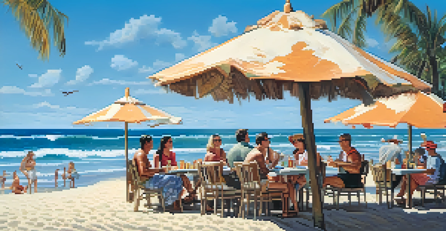 A vibrant beachside restaurant scene with guests dining in the sand, surrounded by tiki torches and palm trees.