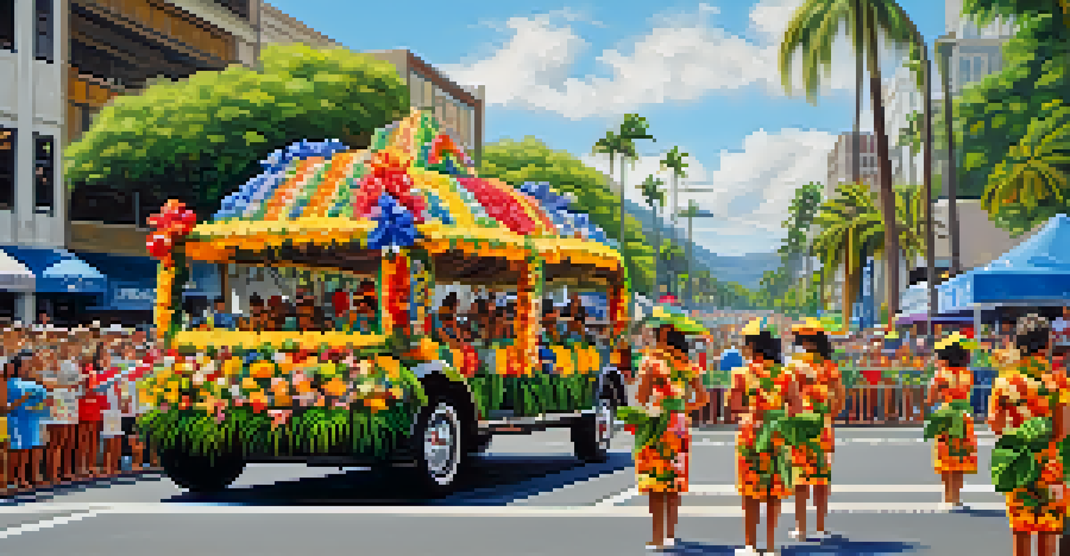 Floats decorated with colorful flowers in the Aloha Festivals Floral Parade, with participants in traditional attire and a joyful crowd.