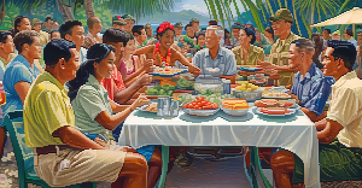 A diverse group of people sharing food and stories at a community event in Hawaii during World War II.