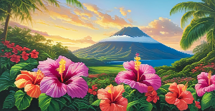 A colorful field of Hawaiian hibiscus flowers with green foliage and a distant volcanic mountain under a blue sky.