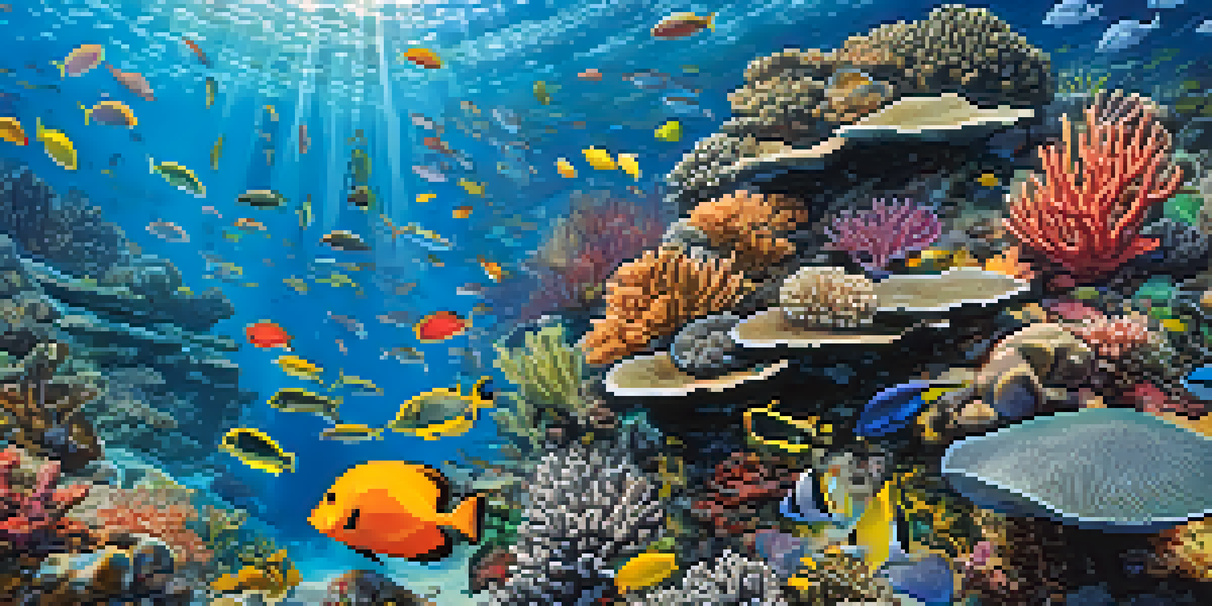 An underwater view of a colorful coral reef in Hawaii, filled with diverse fish and marine life, illuminated by sunlight.