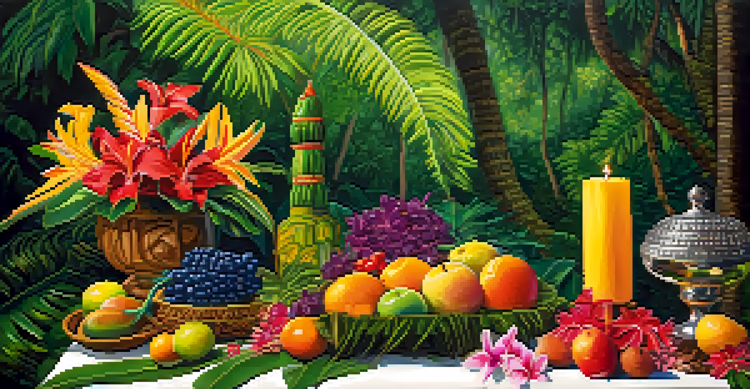 A detailed view of a Hawaiian offering table with colorful flowers, fruits, and crafts in a forest setting.
