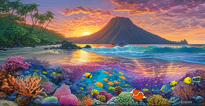A breathtaking sunset view over a colorful coral reef in Hawaii, with various fish swimming among the corals and a vibrant sky.