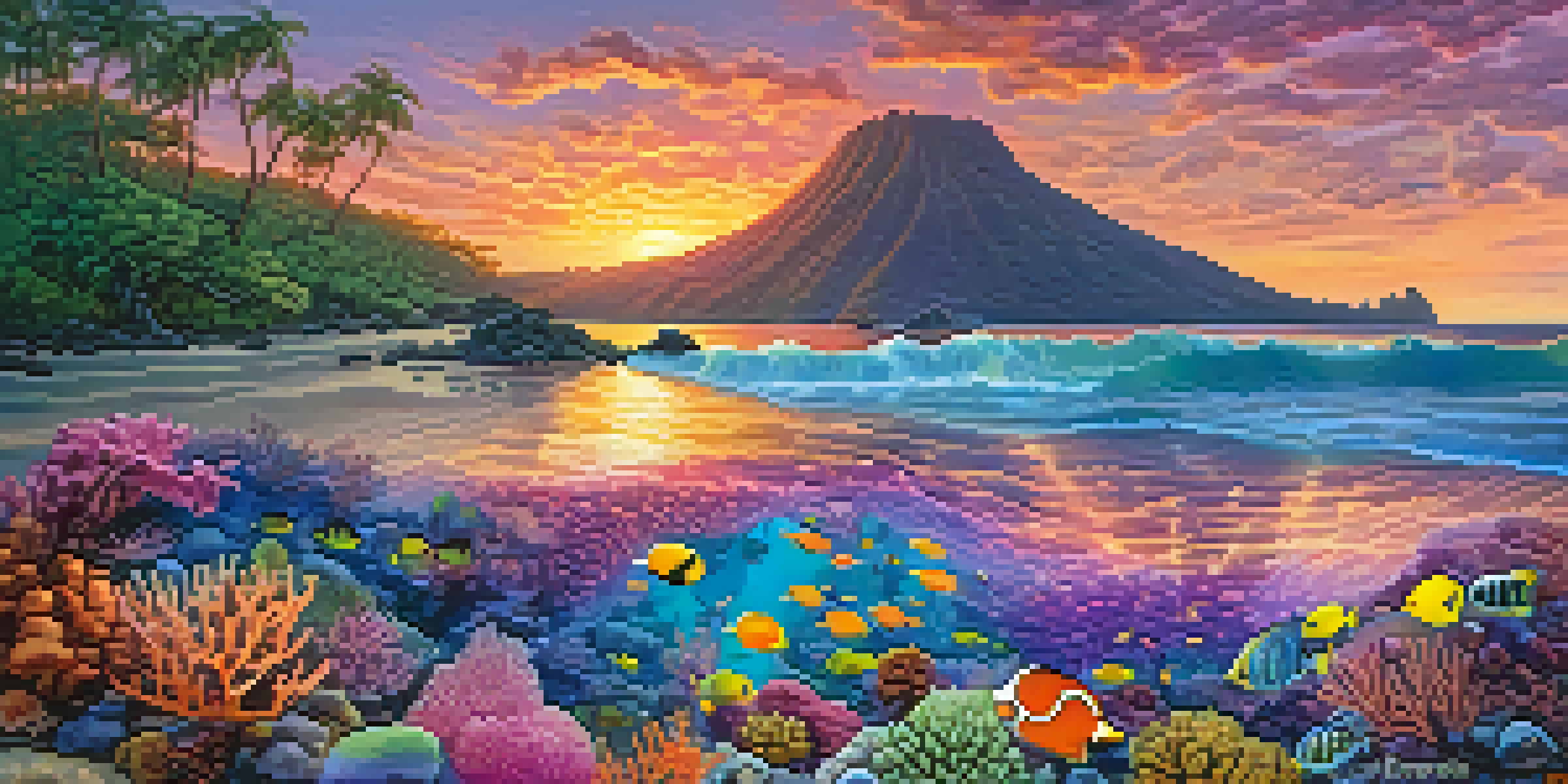 A breathtaking sunset view over a colorful coral reef in Hawaii, with various fish swimming among the corals and a vibrant sky.