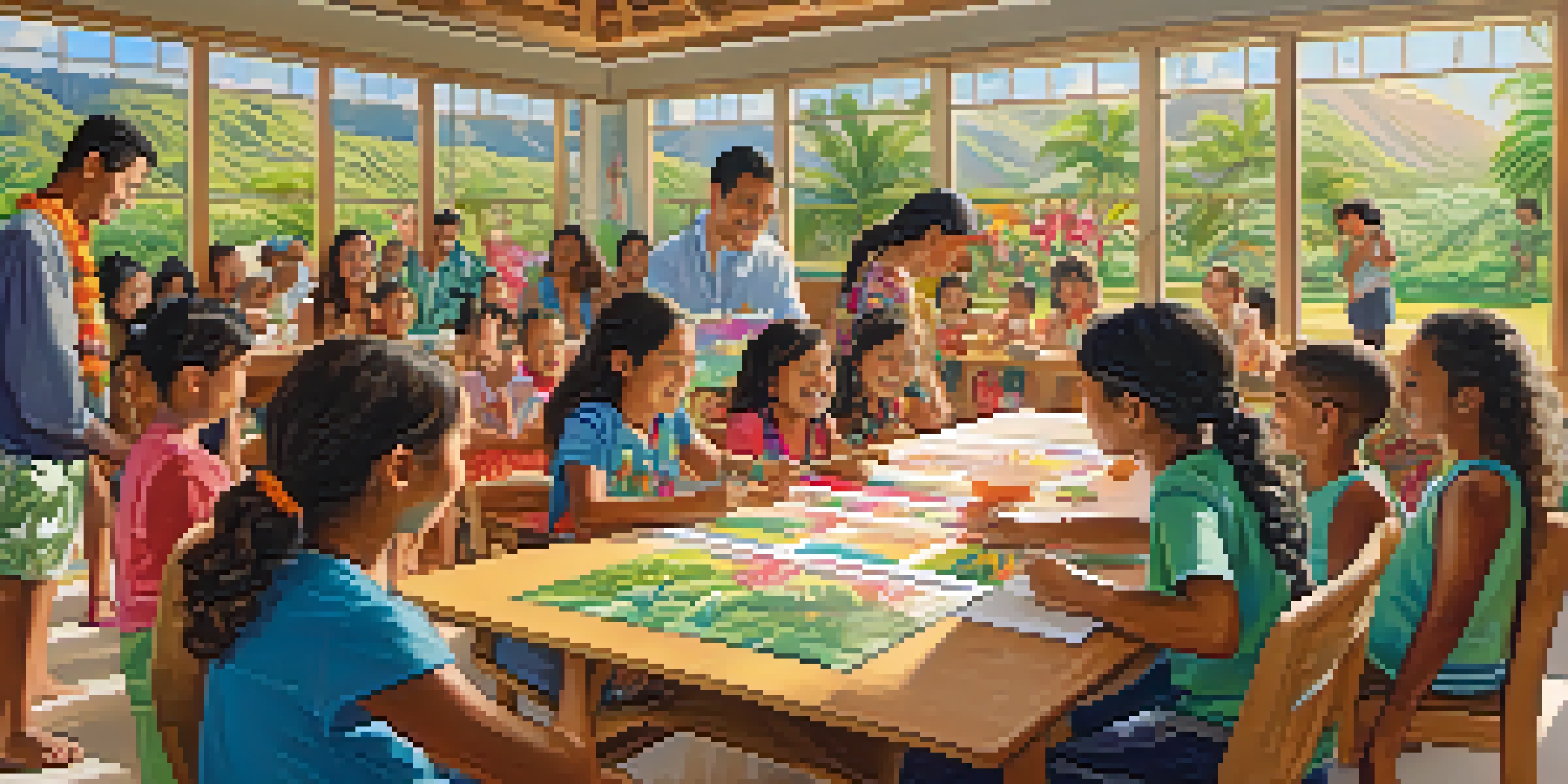 A diverse group of individuals participating in a Hawaiian language class in a sunny community center, surrounded by colorful cultural decorations.
