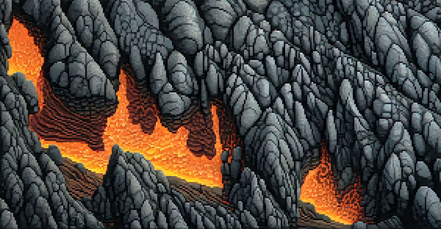 Close-up of cooling lava flow with rock formations and small plants growing in the crevices.