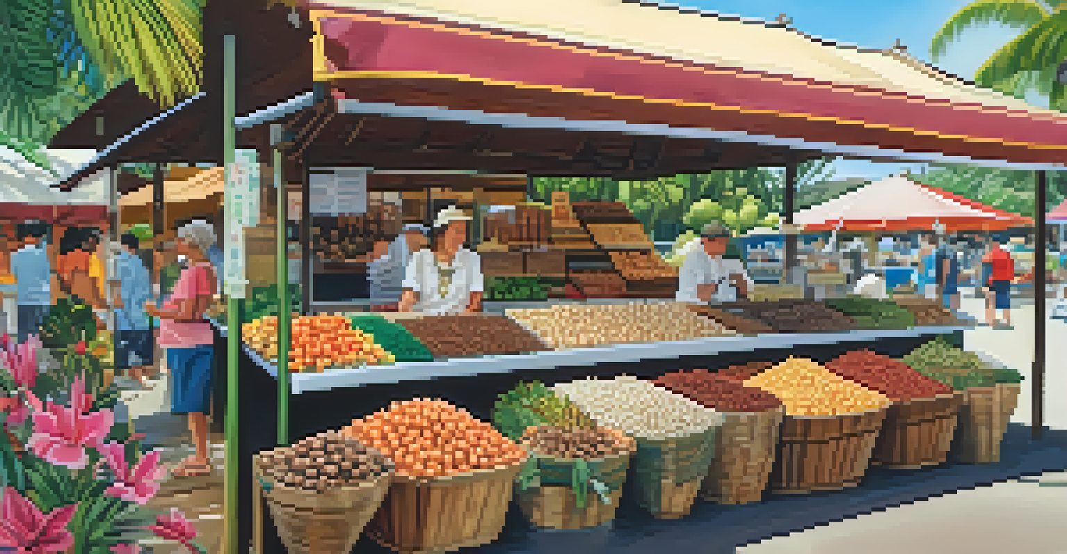 An outdoor market in Hawaii featuring a variety of macadamia nuts and happy customers in a sunny setting.