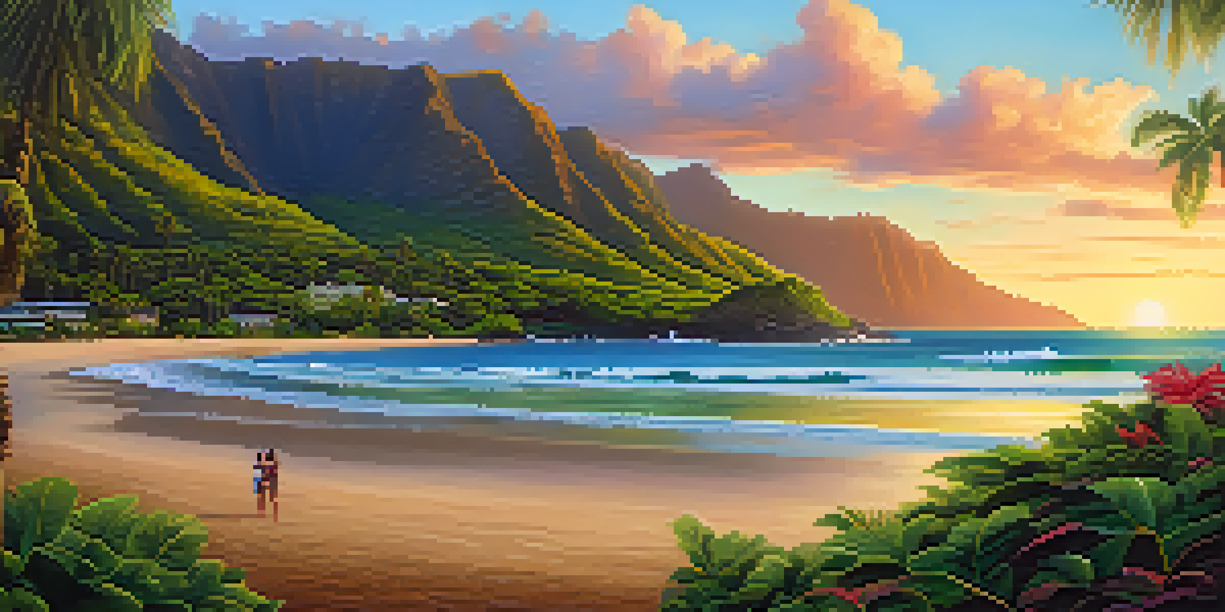A peaceful Hawaiian beach at sunrise with mountains in the background and a community gathering on the sand.