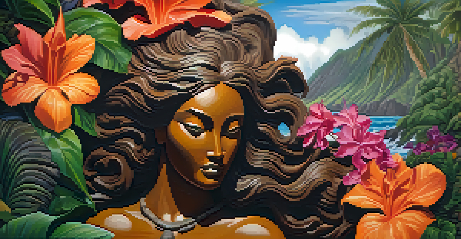 A wooden statue of the Hawaiian goddess Pele, surrounded by flowers and volcanic rocks.