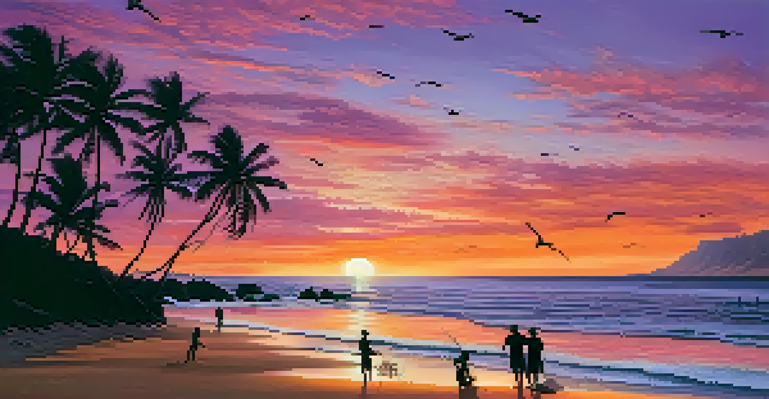 A sunset view of a Hawaiian beach with fishermen silhouetted against a colorful sky.