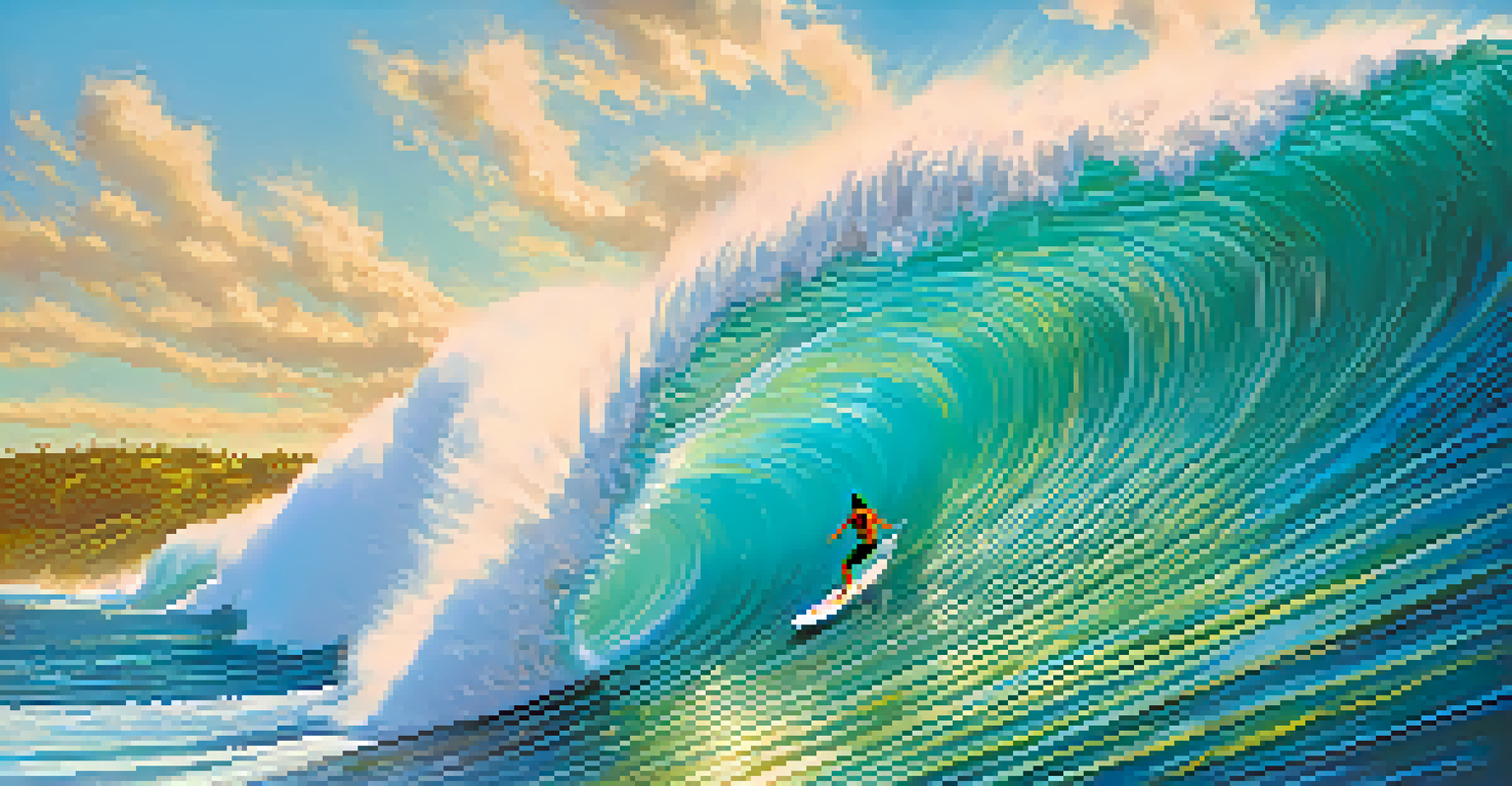 A surfer performing a maneuver on a large wave at Waimea Bay in Hawaii.