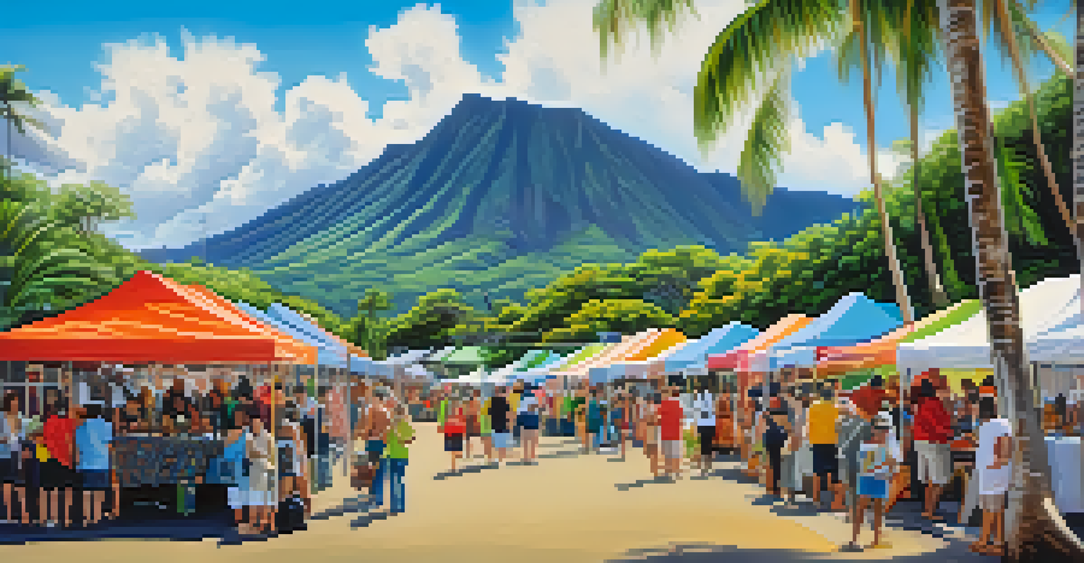 Artists showcasing their work at a vibrant art festival in Hawaii, with colorful stalls and visitors.