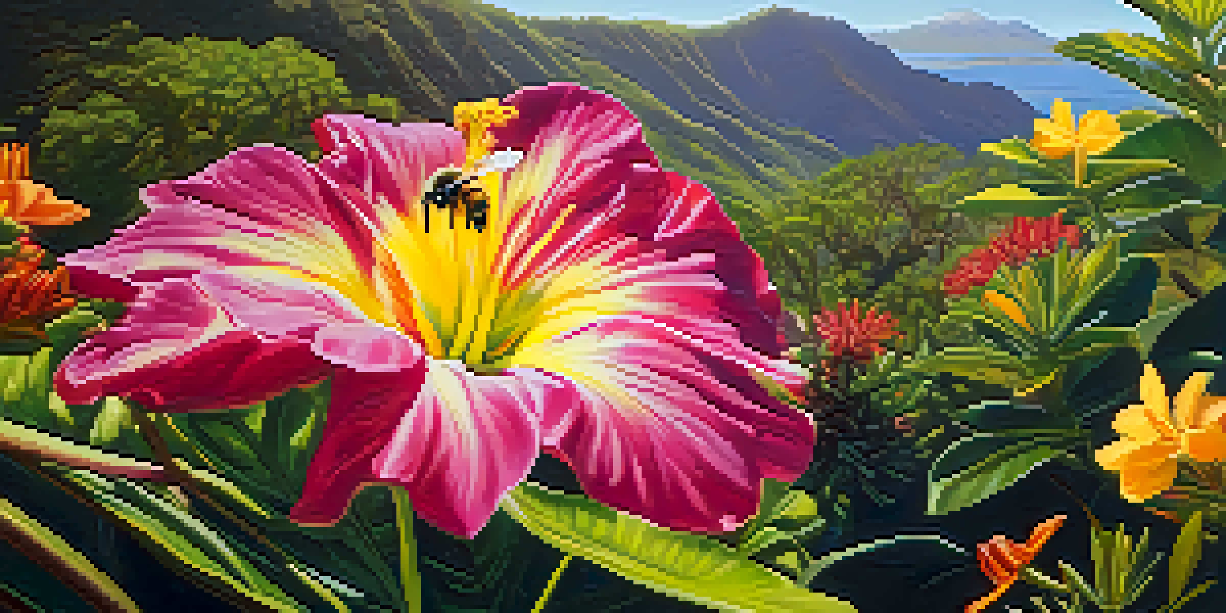 A colorful Hawaiian landscape with various native flowers and a yellow-faced bee on a flower under warm sunlight.