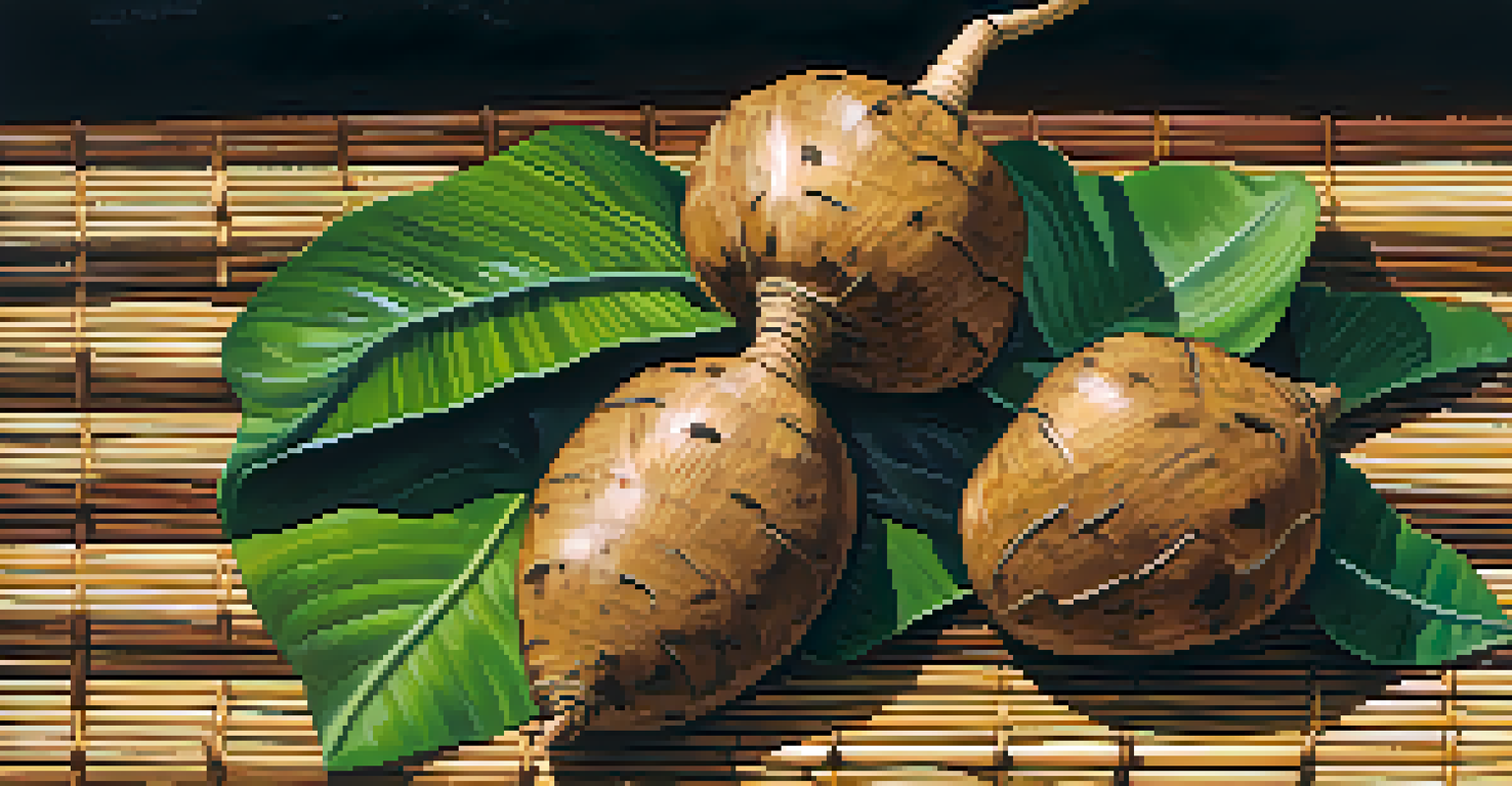 A close-up view of freshly harvested Kalo tubers on a woven mat, surrounded by vibrant green Kalo leaves, highlighting their earthy texture.