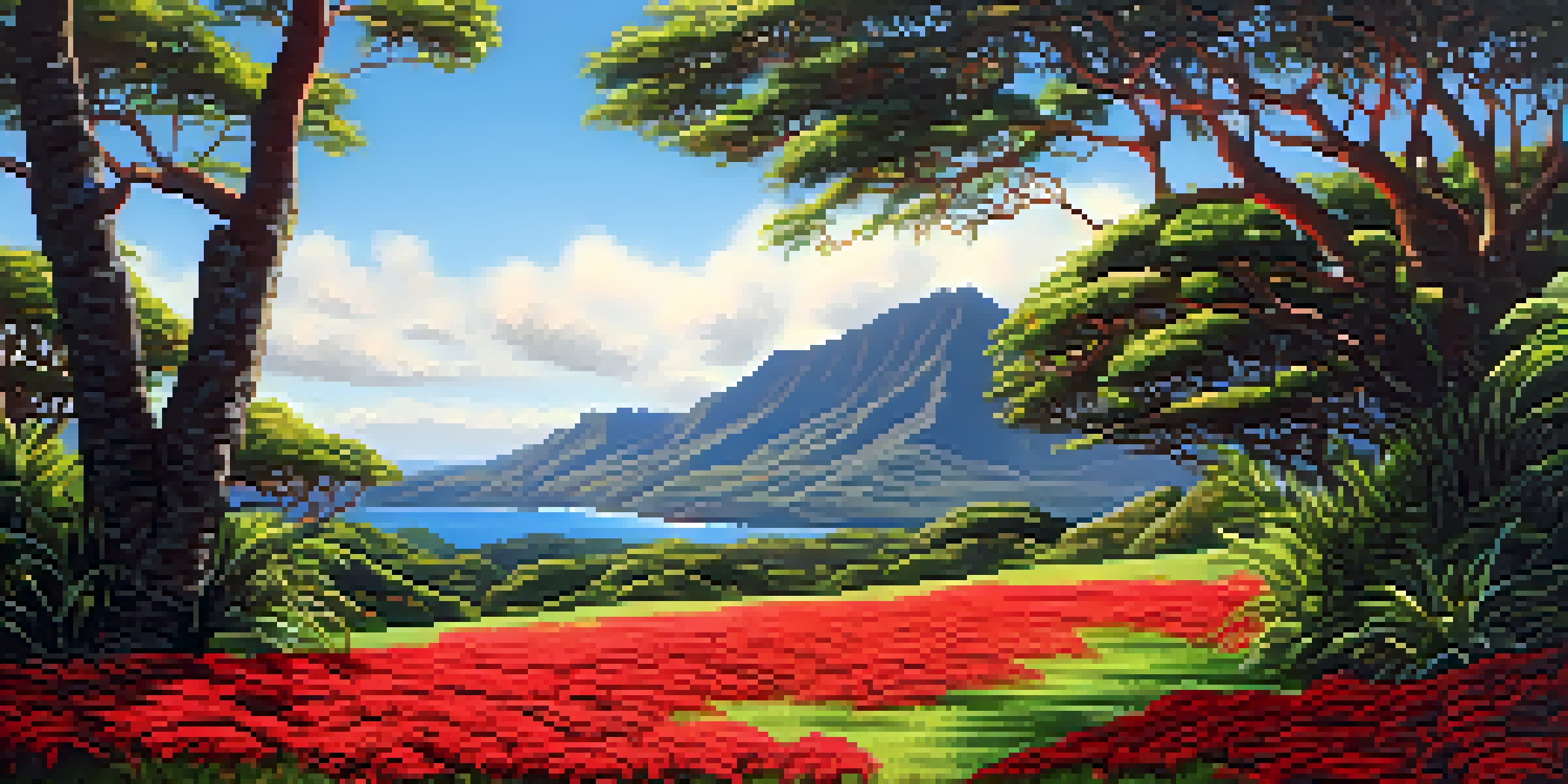 A vibrant 'ōhi'a lehua tree with bright red flowers in a lush Hawaiian landscape, under a clear blue sky with distant mountains.
