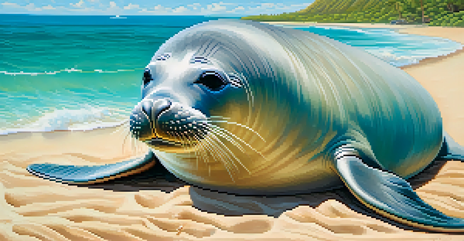 A Hawaiian monk seal lounging on a sandy beach with turquoise ocean waves in the background.