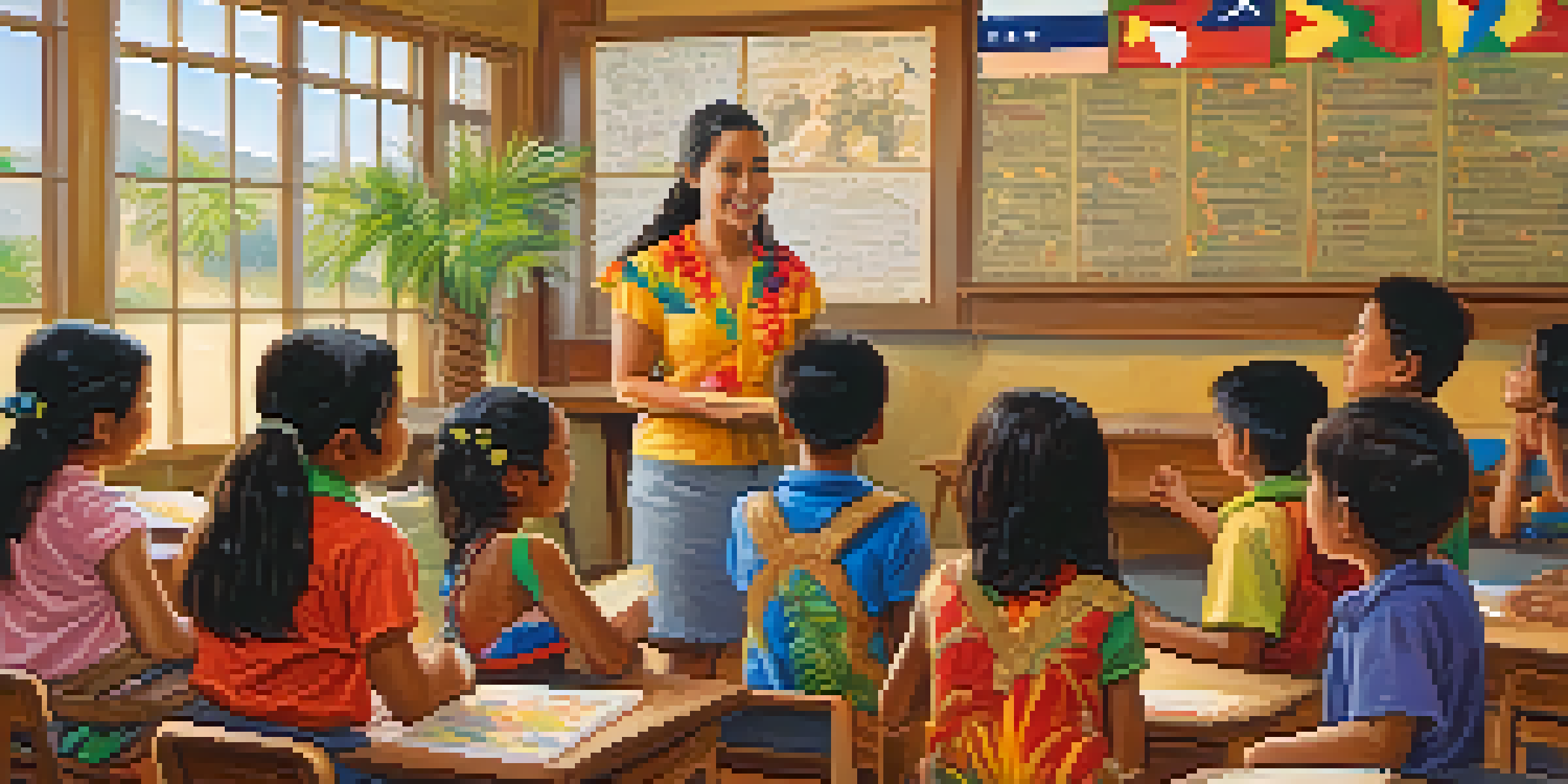 A classroom filled with Hawaiian students learning their native language, surrounded by cultural decorations and a passionate teacher.