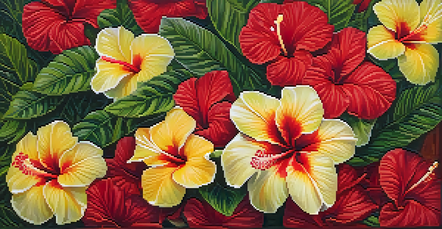 A close-up view of a vibrant Hawaiian flower arrangement with red hibiscus and yellow plumeria.