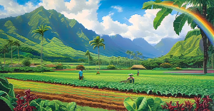 A scenic view of a taro field in Hawaii with farmers working under a blue sky and mountains in the background.