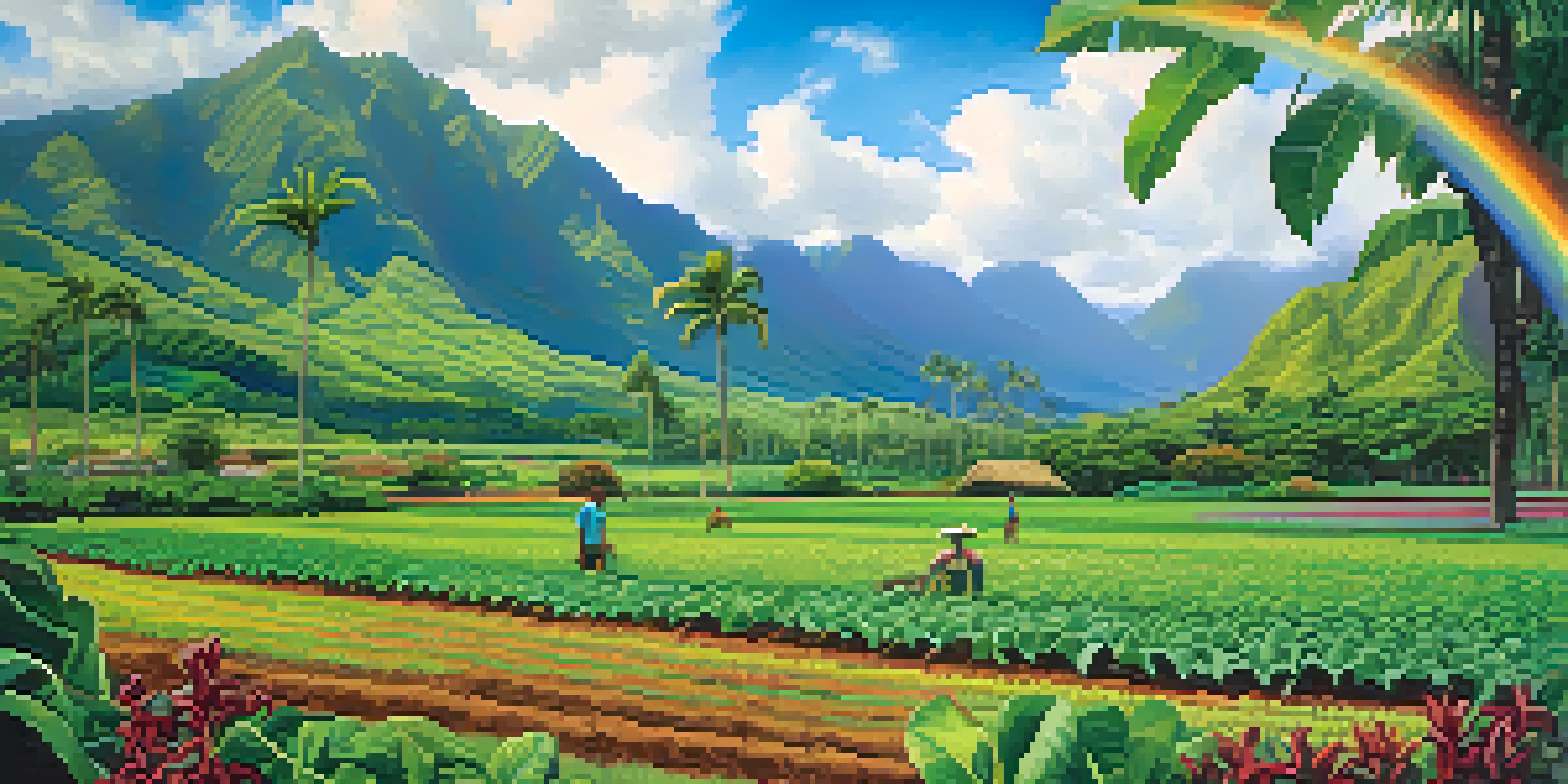 A scenic view of a taro field in Hawaii with farmers working under a blue sky and mountains in the background.