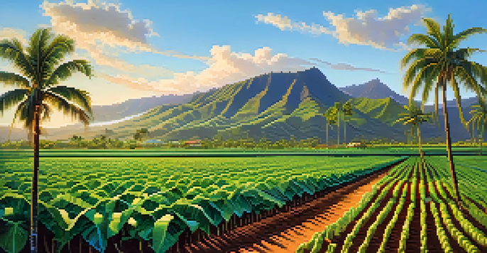 A colorful Hawaiian agricultural landscape featuring taro and sugarcane plants, with mountains and palm trees in the background under a sunny sky.