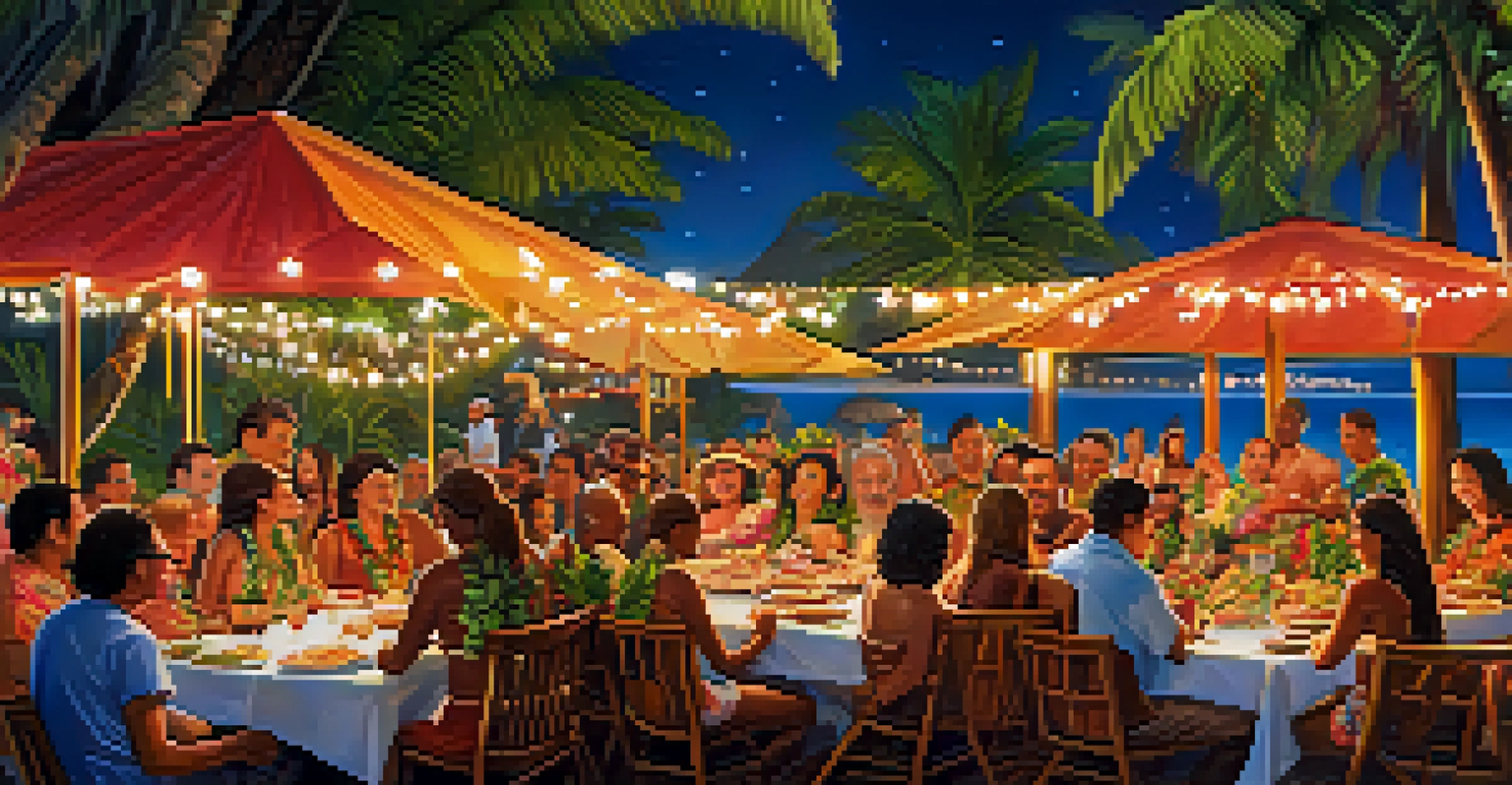 A joyful Luau gathering with people enjoying food and decorations in a tropical setting.