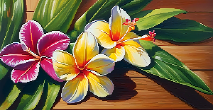 A colorful Hawaiian lei made from plumeria and orchid flowers on a wooden table with a tropical garden in the background.