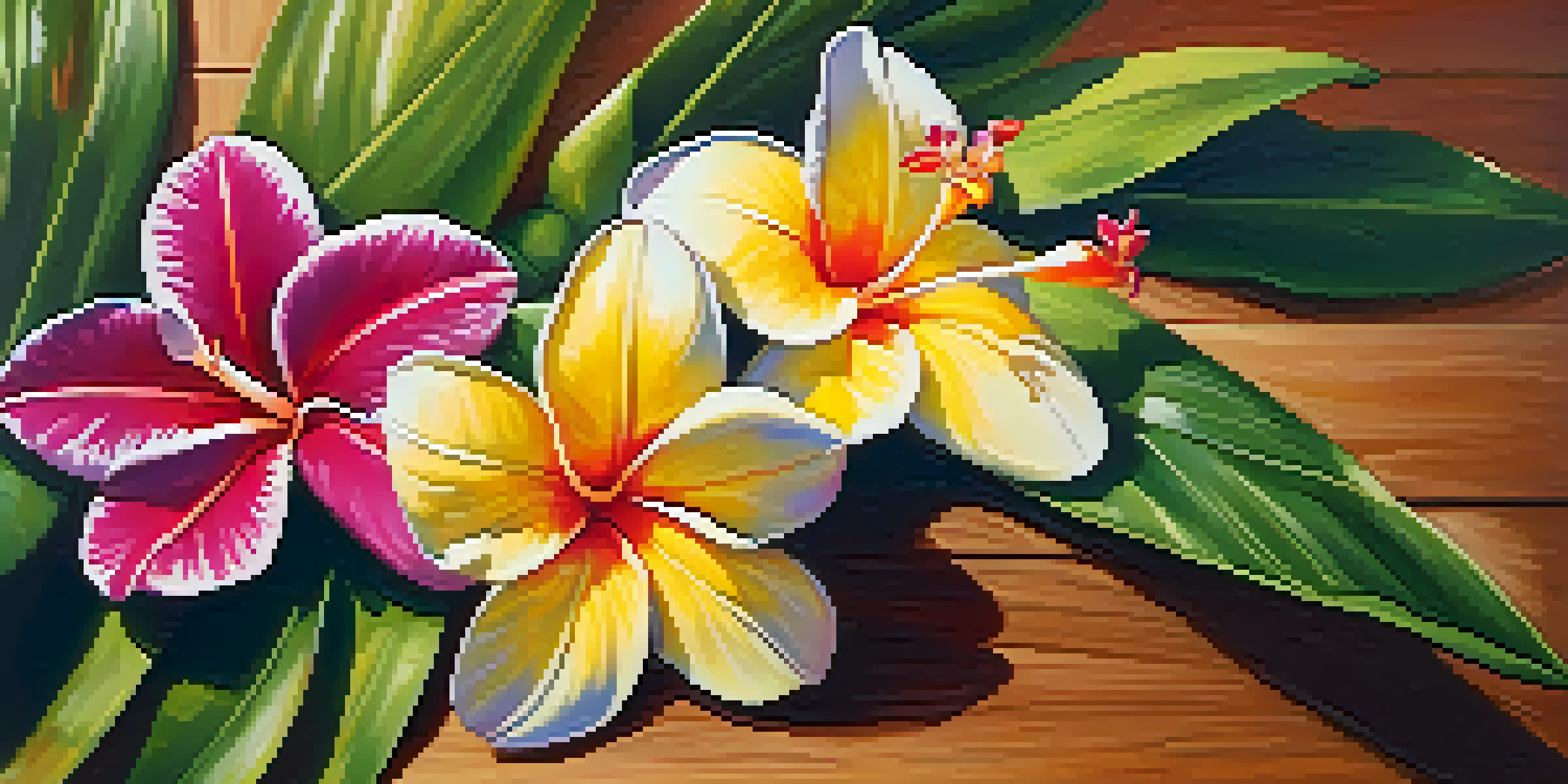 A colorful Hawaiian lei made from plumeria and orchid flowers on a wooden table with a tropical garden in the background.
