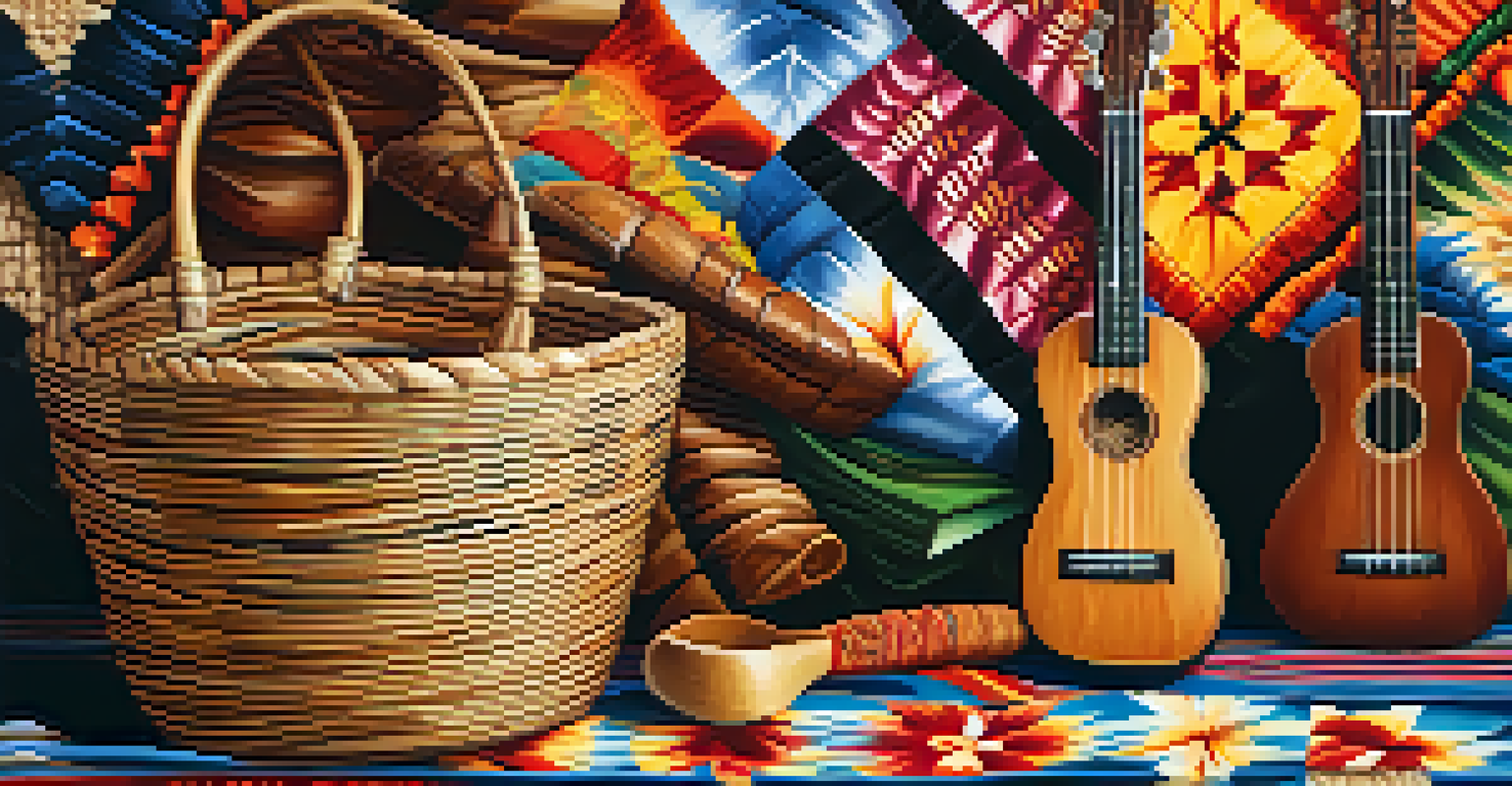 A collection of traditional Hawaiian artifacts, including a ukulele and woven baskets.