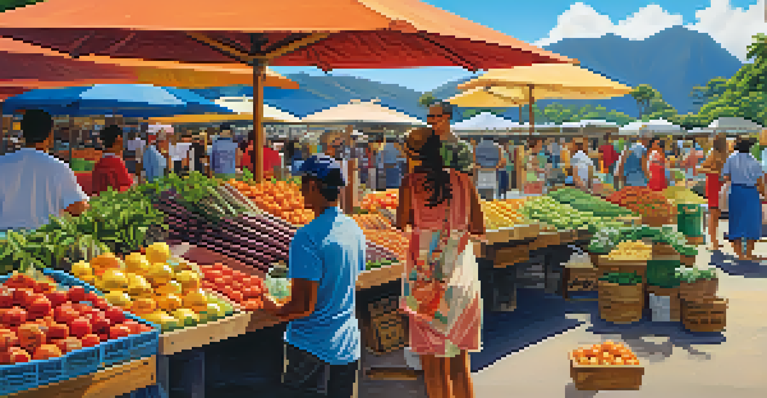 Vibrant Hawaiian market with local artisans and fresh produce.