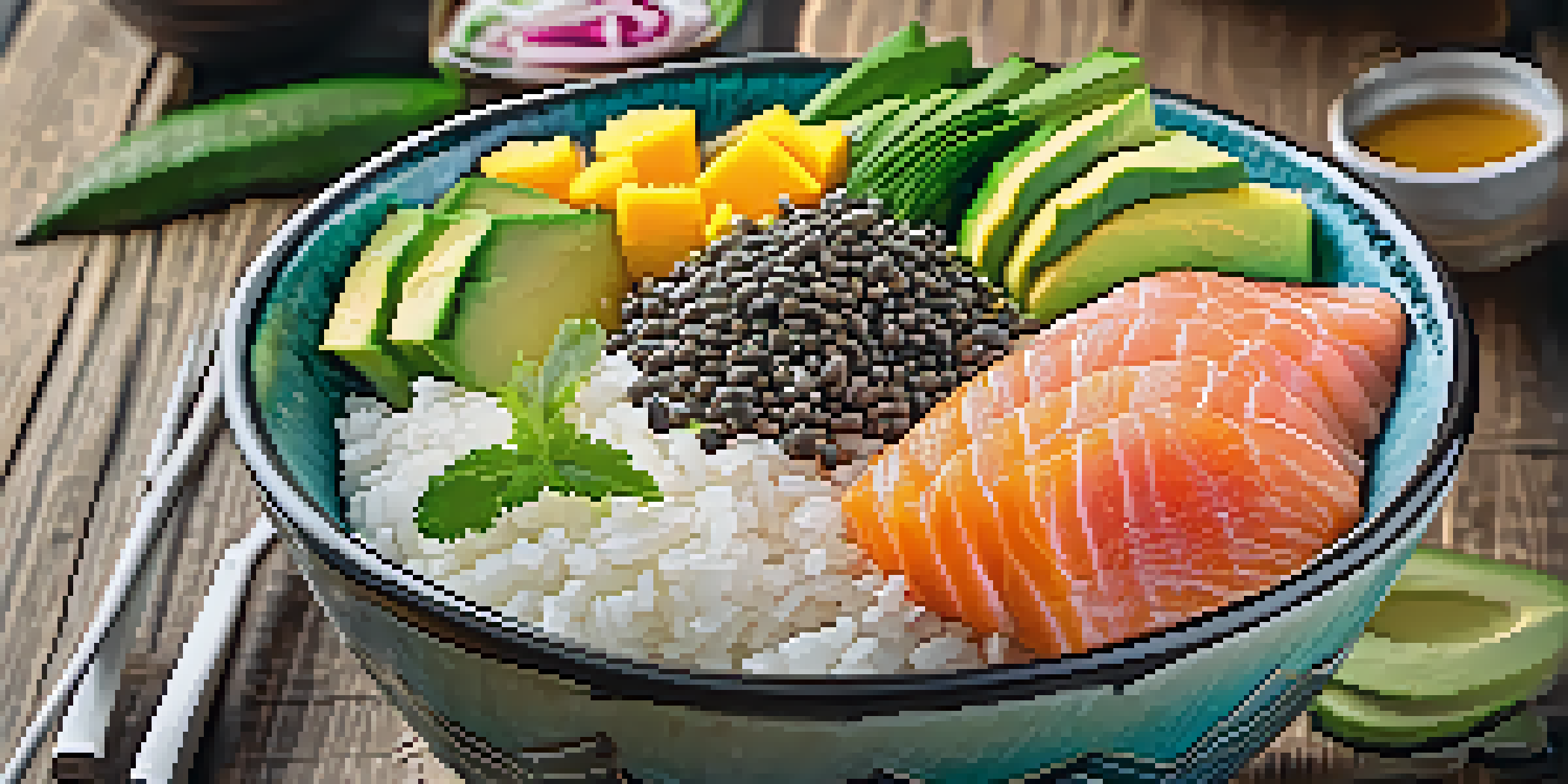 A colorful poke bowl filled with sushi rice, diced raw tuna, salmon, avocado, mango, and cucumbers, garnished with sesame seeds and soy sauce, displayed on a wooden table with tropical plants in the background.