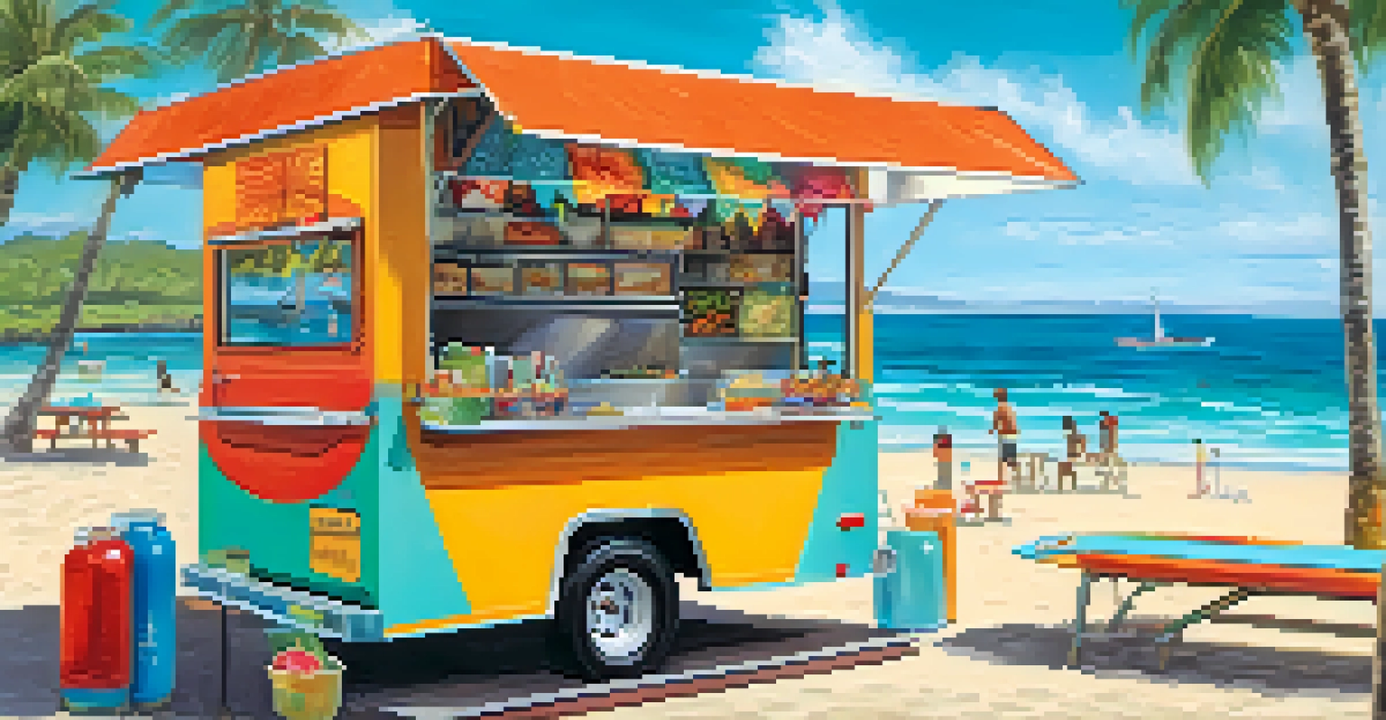 A Hawaiian food truck on the beach, with a chef preparing poke bowls and beachgoers enjoying meals at picnic tables with the ocean in the background.