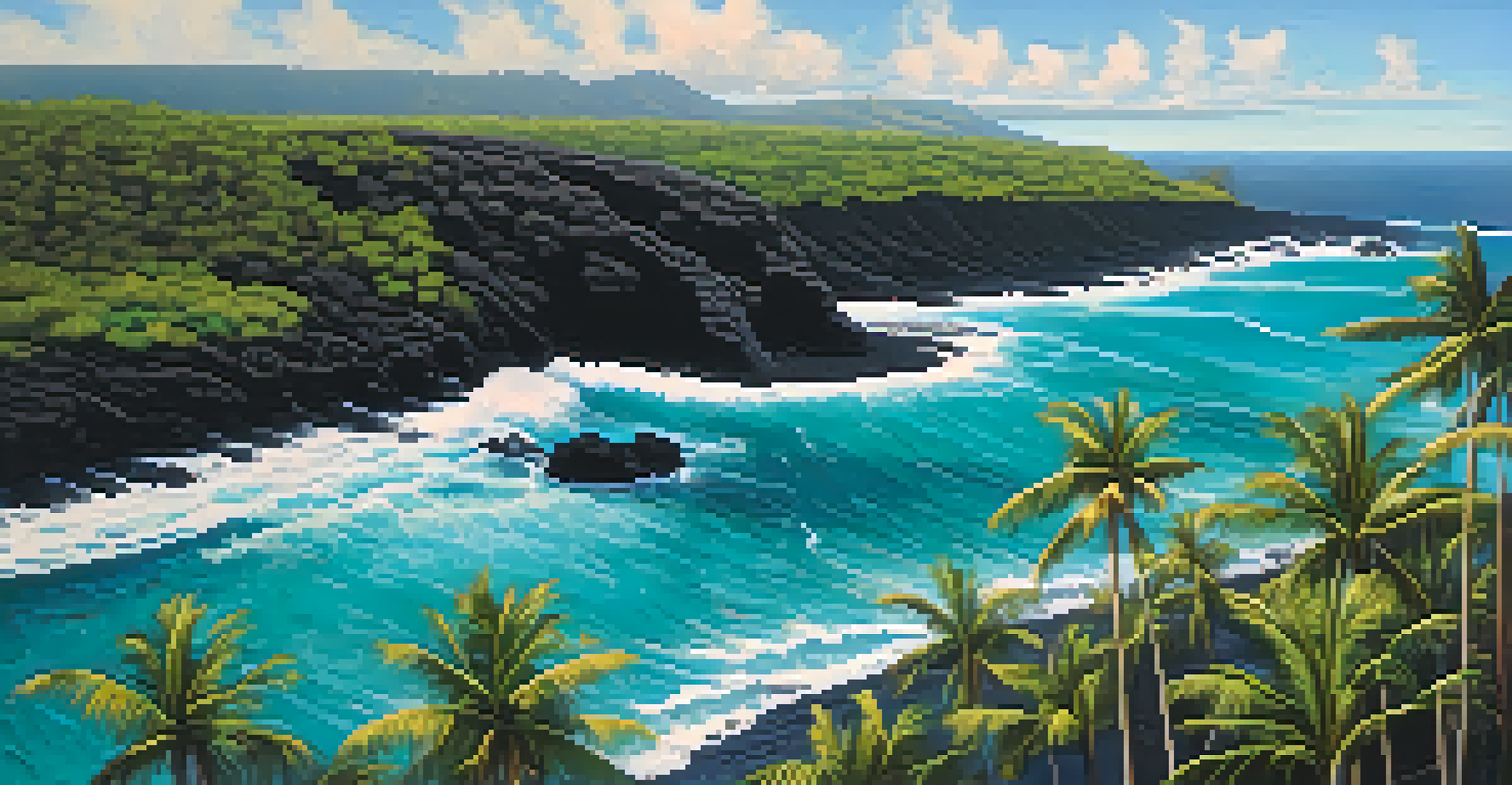 An aerial perspective of Punalu'u black sand beach, highlighting the contrast between the dark sands, palm trees, and turquoise ocean waves.