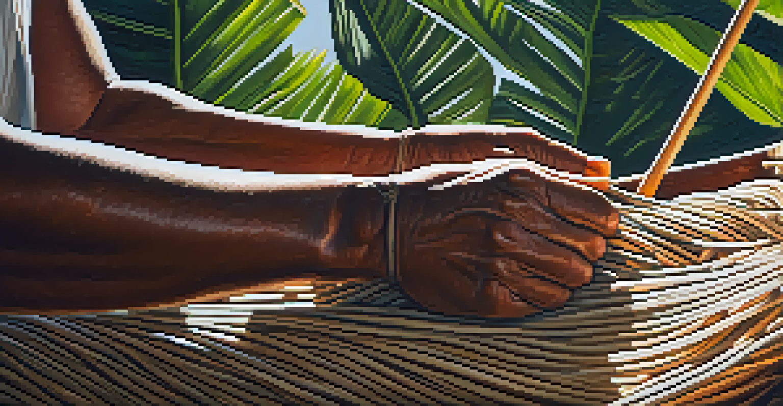 Close-up of a Polynesian navigator weaving sails from natural fibers, with a traditional canoe in the background.