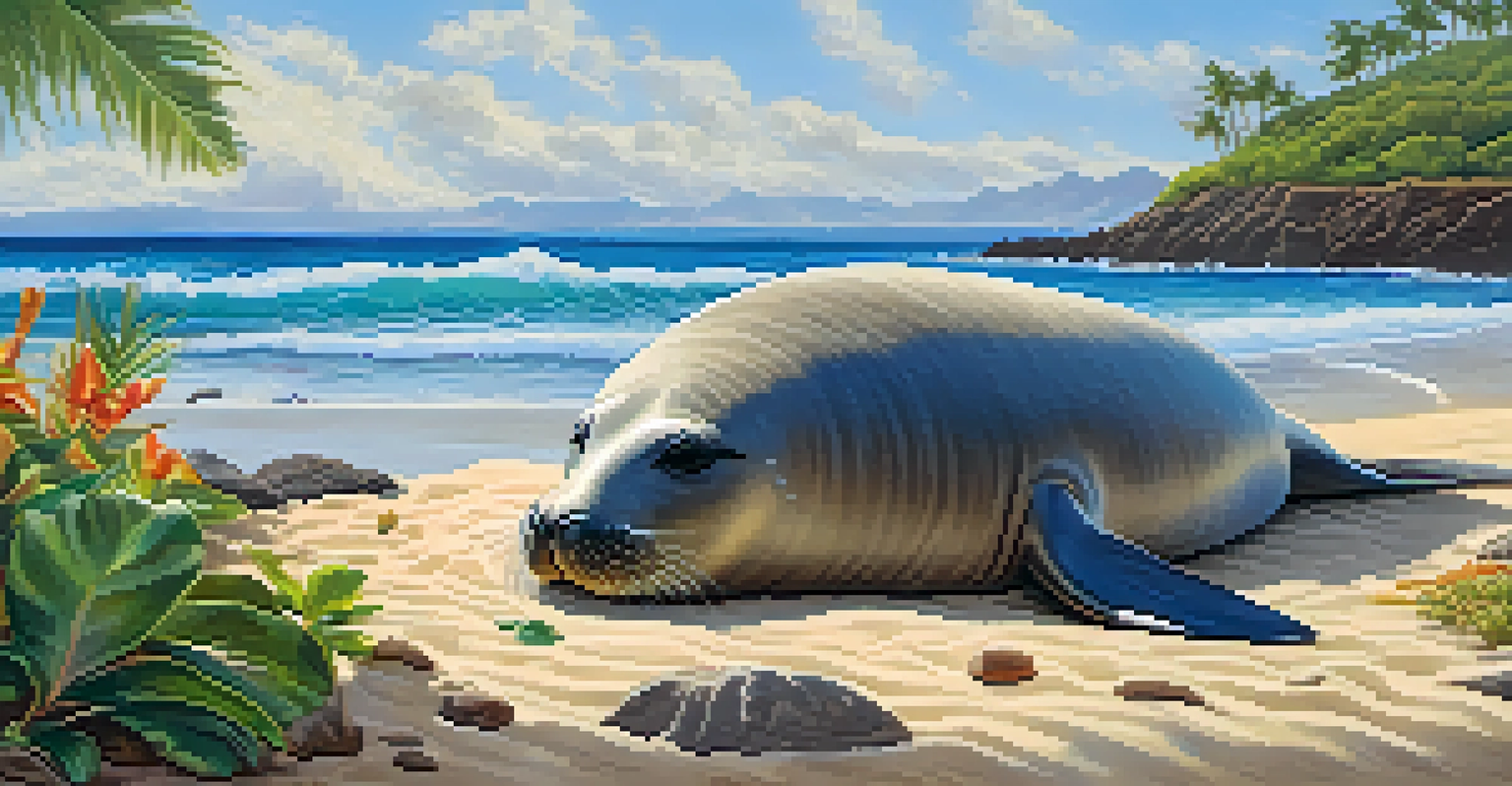 A Hawaiian monk seal lying on a sandy beach with waves and tropical plants in the background.