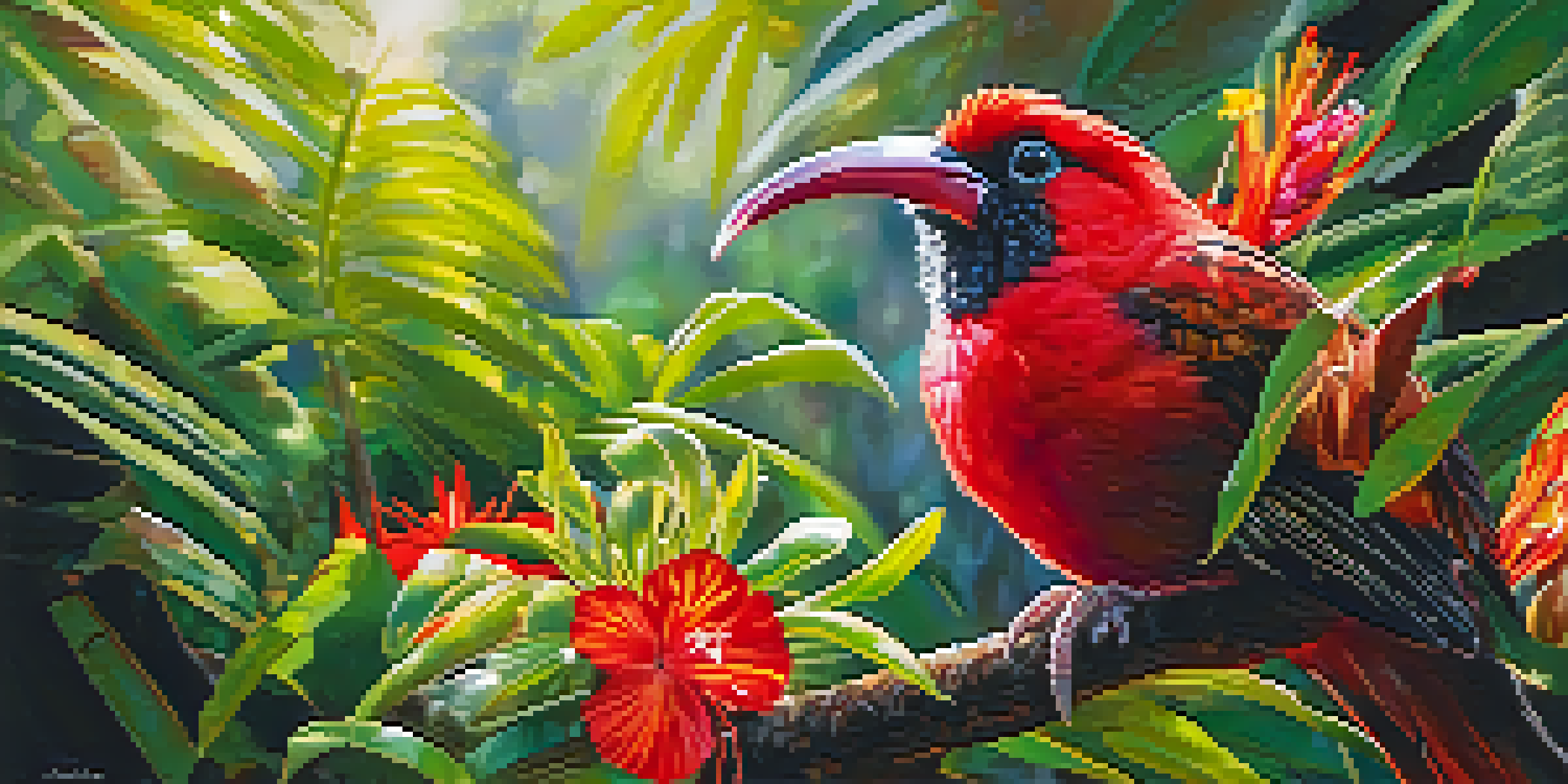 A close-up view of a red 'I'iwi bird sitting on a branch in a green Hawaiian forest, with colorful flowers around it.