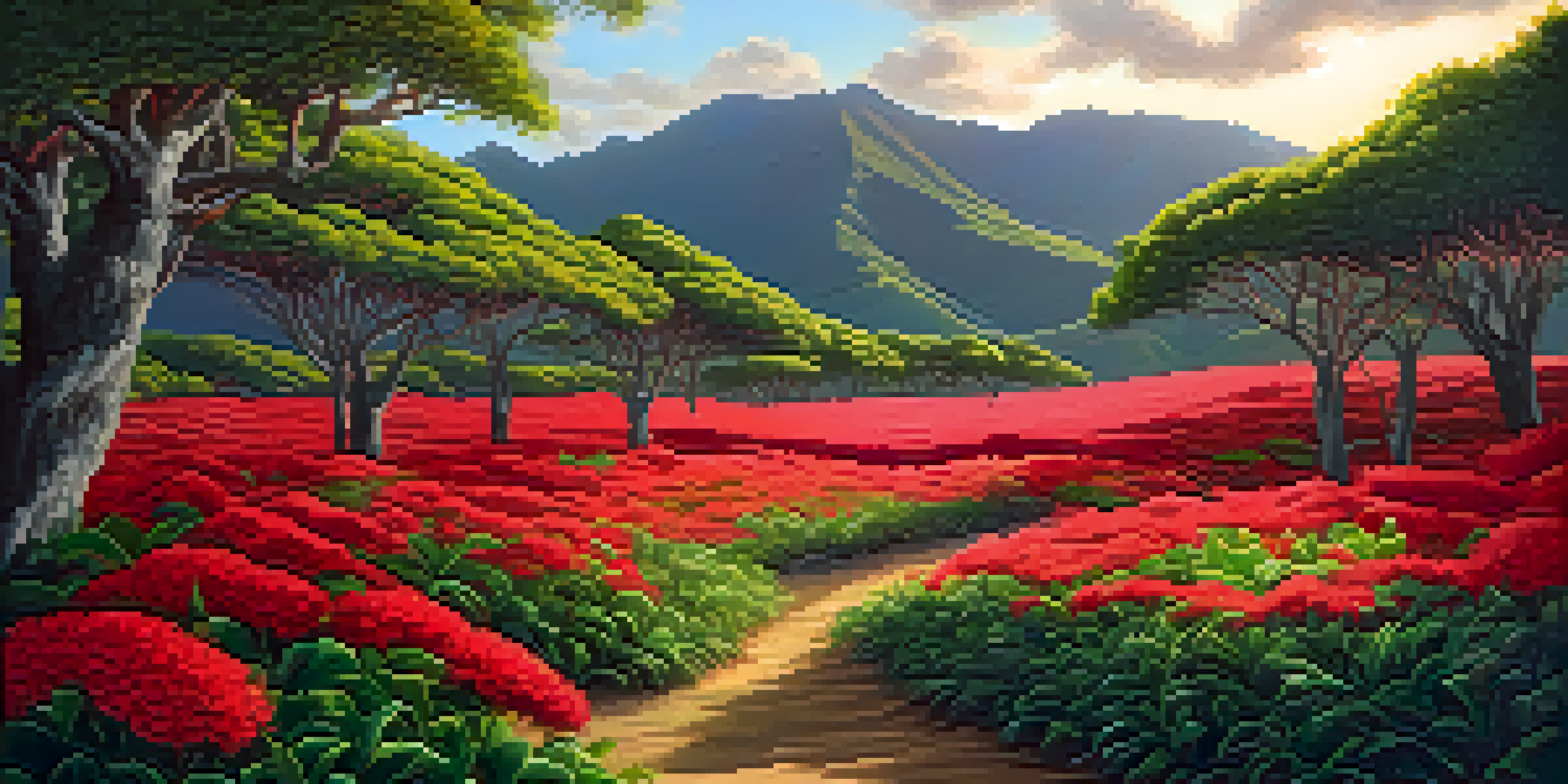 A grove of ‘ōhi‘a lehua trees with bright red flowers under soft golden hour sunlight, surrounded by lush greenery and misty mountains in the background.