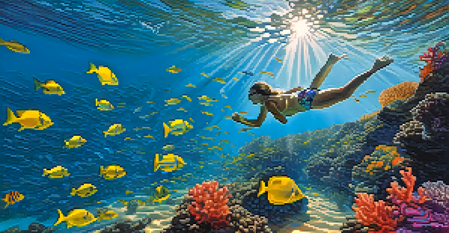 An underwater scene at Poipu Beach with colorful tropical fish and coral reefs, illuminated by sunlight, alongside a snorkeler.