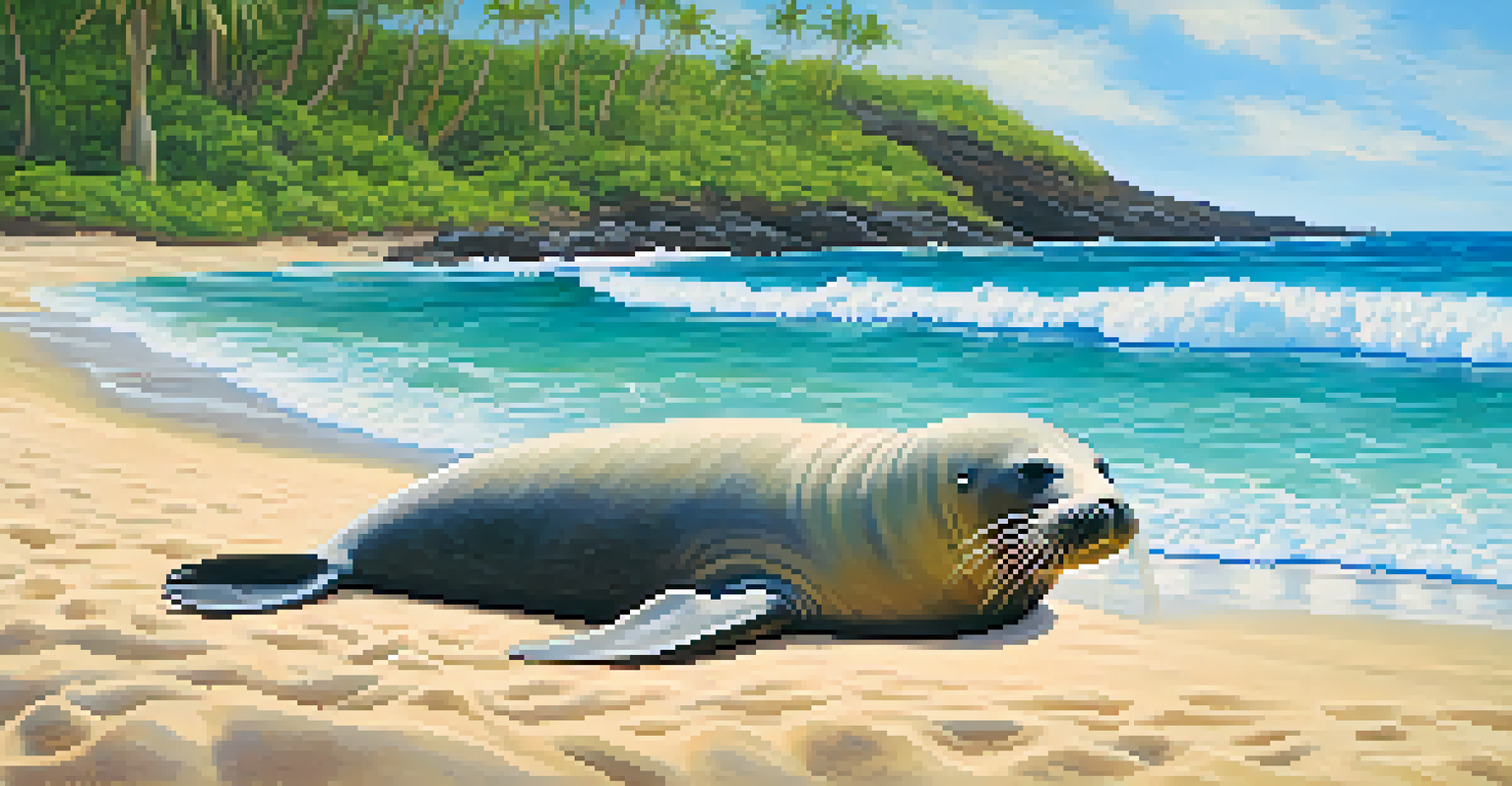 A Hawaiian monk seal resting on a beach with waves and tropical plants in the background.