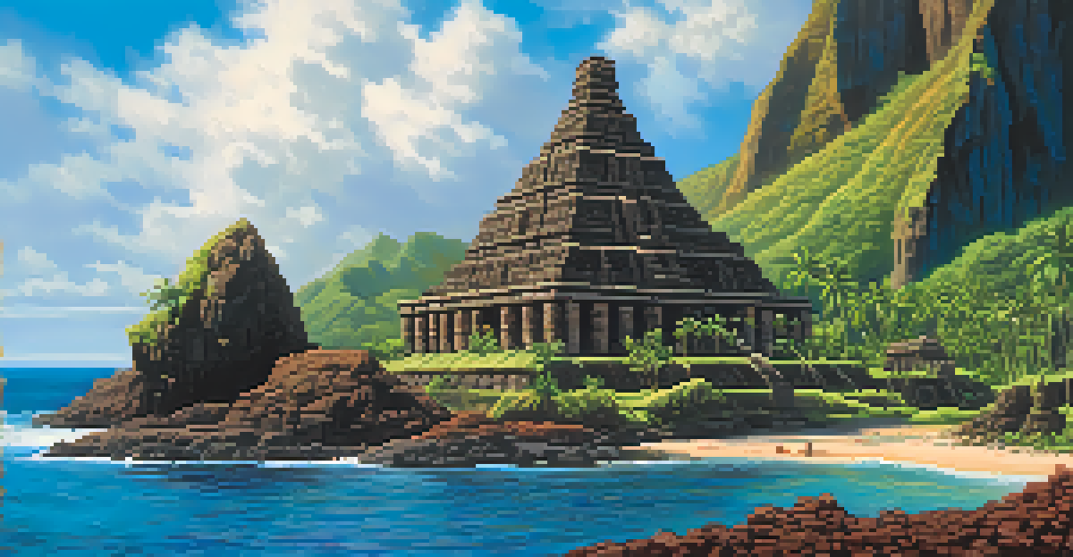 A Polynesian temple with intricate carvings, set against cliffs and a blue sky, surrounded by native flowers and greenery.