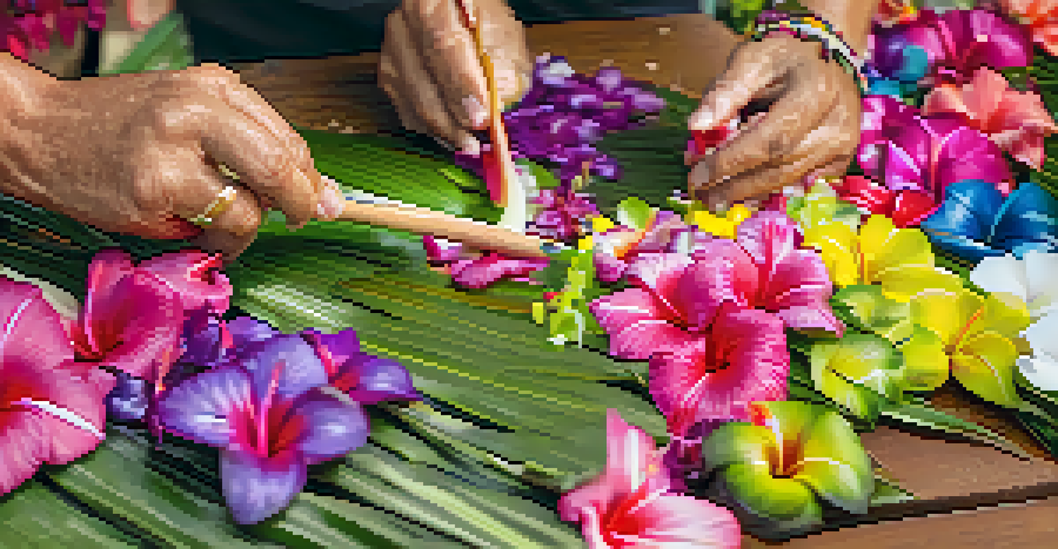 Artisans creating colorful leis from fresh flowers at a lei-making workshop, showcasing the craft and community involvement.